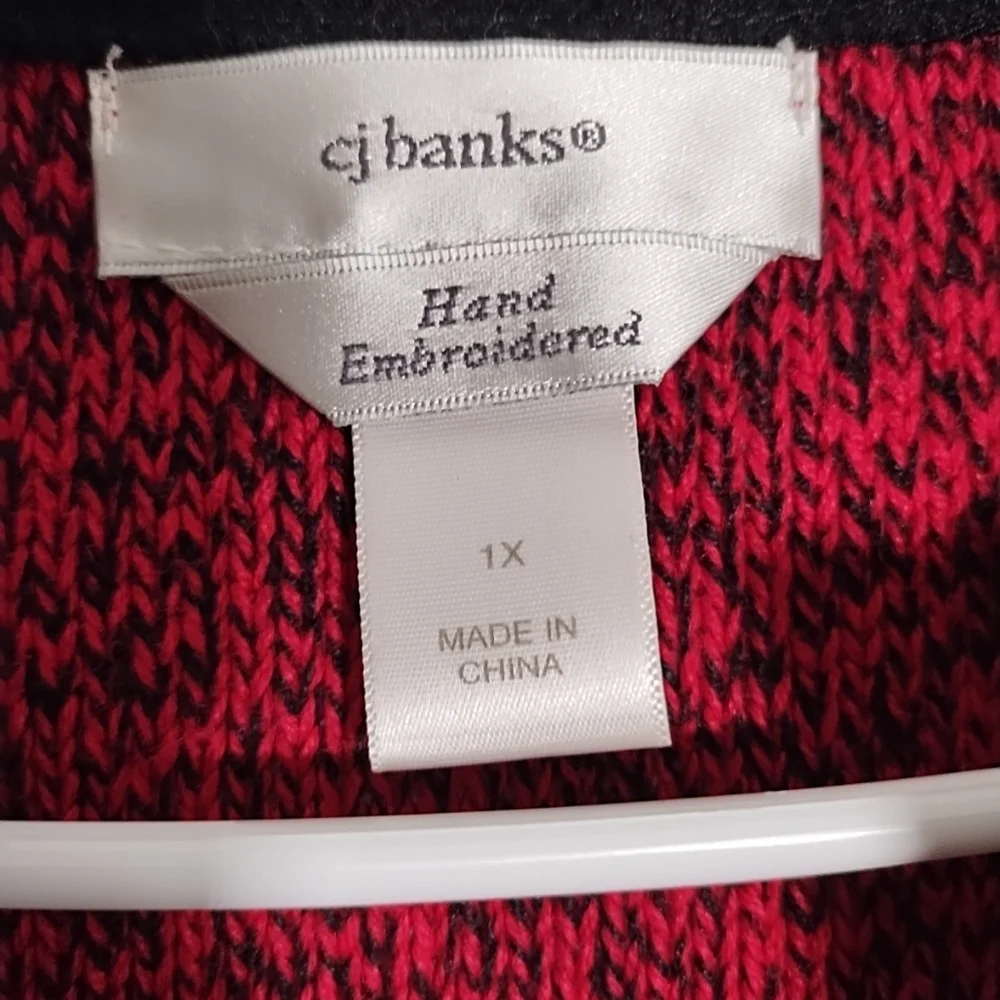 CJ Banks Ramie Knit Sweater Vest 1X  Red/Black Hand Embroidered Full Zip
